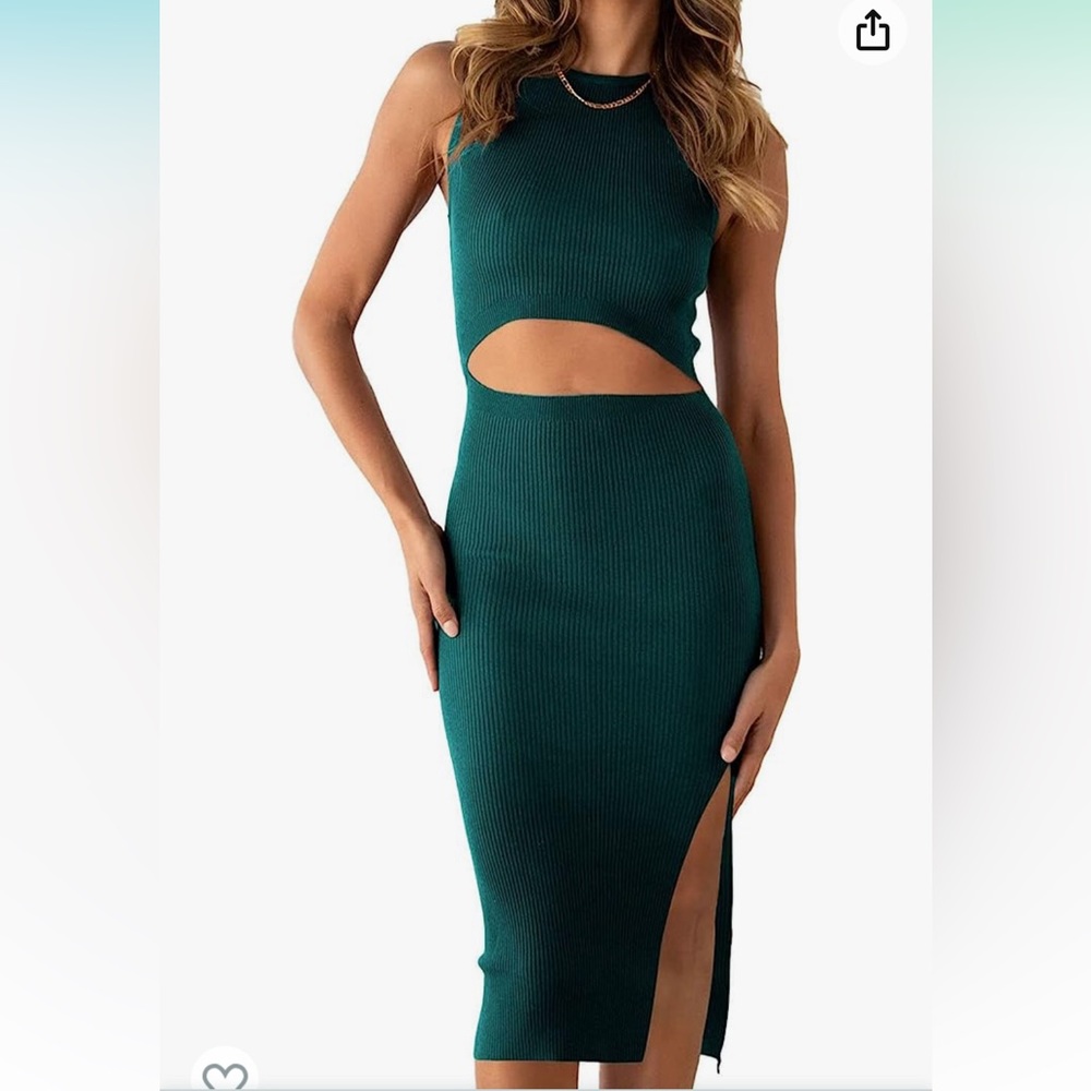 Deep peacock green bodycon midi dress with waist cutout
